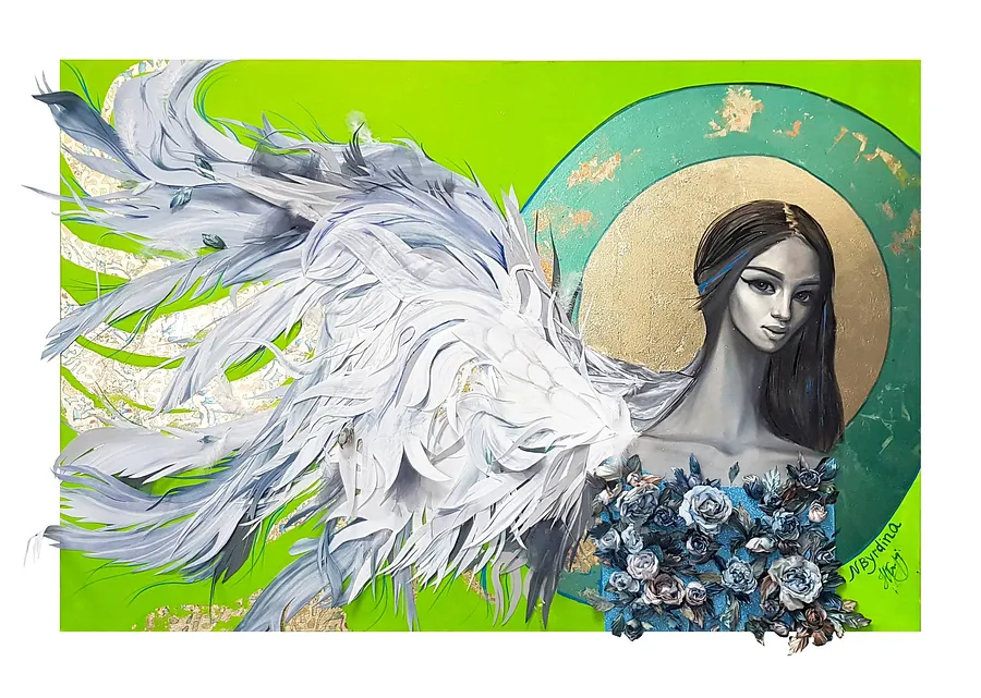 Зображення "Ангел життя" від Наталя Бирдіна, розмір: 180 × 120 cm, матеріали: Полотно, м'яке (пряжа, бавовна, тканина), медіум: Текстиль, ціна: $1795