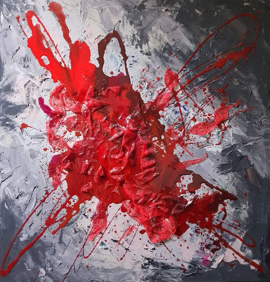 Image of A pool of blood on the pavement by Natalia Byrdina, size: 100 × 100 cm, made of Canvas, Textile medium, priced at $1395